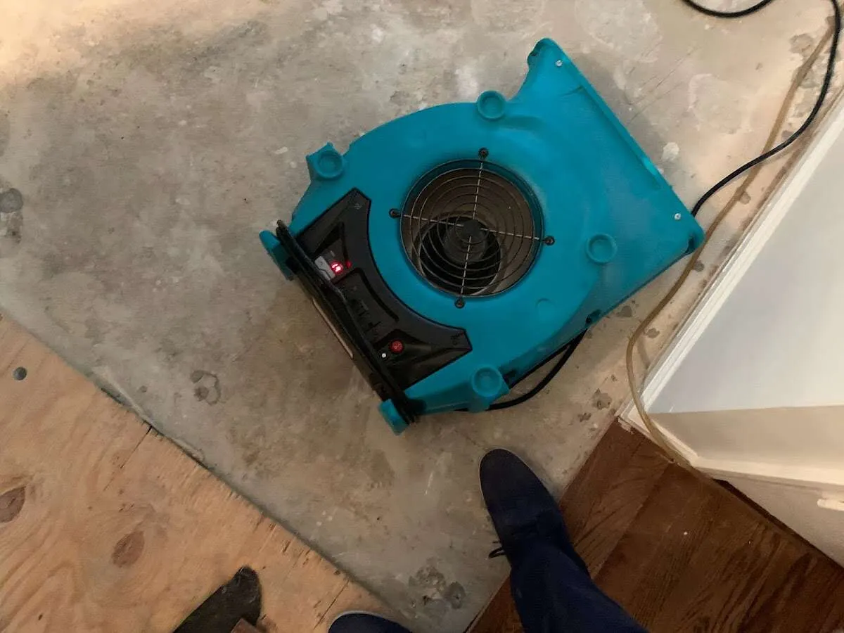 Air mover drying subfloor during Leak Detection & Repair in San Jacinto